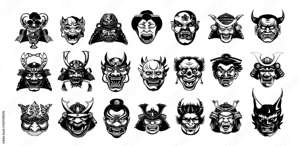 Japanese demon masks black ink sketch vector set. Fangs horns samurai geisha evil tengu warrior asian gods idols theater angry emotions monk kabuki faces, isolated vectors on white background