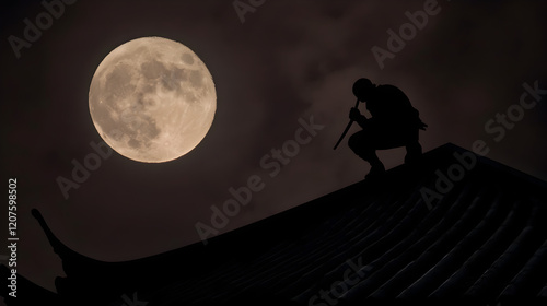 A ninja silhouetted against the full moon, crouched on the rooftop of a pagoda. His shadow stretches across the tiled roof, and his shuriken glints faintly in his hand. The distant sound of a gong rev photo