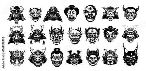 Japanese demon masks black ink sketch vector set. Fangs horns samurai geisha evil tengu warrior asian gods idols theater angry emotions monk kabuki faces, isolated vectors on white background