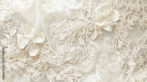 Wallpaper Mural Elegant Floral Lace Embroidery with Satin Flowers on Soft Fabric Torontodigital.ca