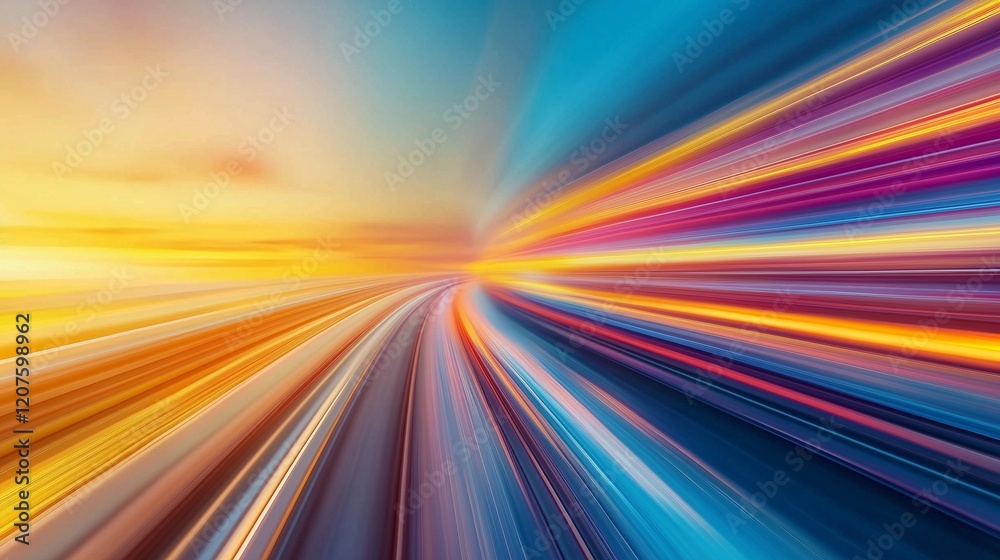 Obraz premium Futuristic high-speed train racing through a vibrant sunset landscape of colors and motion