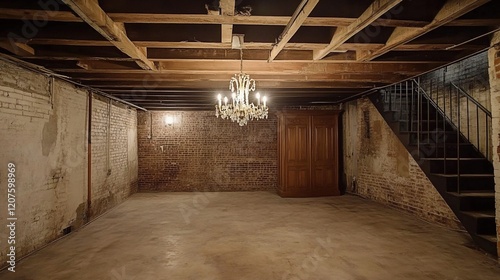 Vintage Basement with Exposed Brick Walls, Wooden Beams, and a Crystal Chandelier