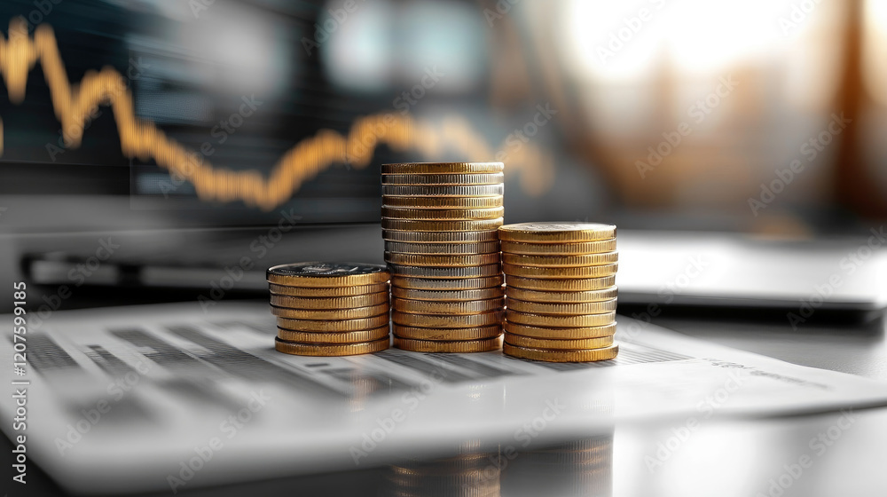 Business desk with stacked coins, rising price chart on screen, representing market profit, asset growth, and financial analysis insights. Business desk with stacked coins, rising price chart on screen, representing market profit, asset growth, and financial analysis insights.