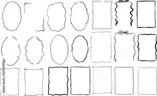 Hand drawn whimsical illustrations in coquette style. Set of ribbon bow frames doodle line art. Perfect for invitation, posters, menu, valentines day greeting cards. 