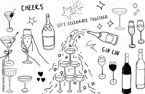 Hand drawn whimsical illustrations in coquette style. Collection of wedding doodle line art. Objects like hands with glass, сupids, champagne tower, candles, cakes, bows for invitation, posters, menu,