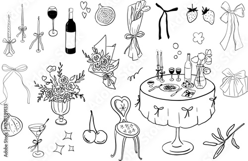 Hand drawn whimsical illustrations in coquette style. Collection of wedding doodle line art. Objects like hands with glass, сupids, champagne tower, candles, cakes, bows for invitation, posters, menu,