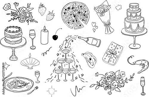 Hand drawn whimsical illustrations in coquette style. Collection of wedding doodle line art. Objects like hands with glass, сupids, champagne tower, candles, cakes, bows for invitation, posters, menu,