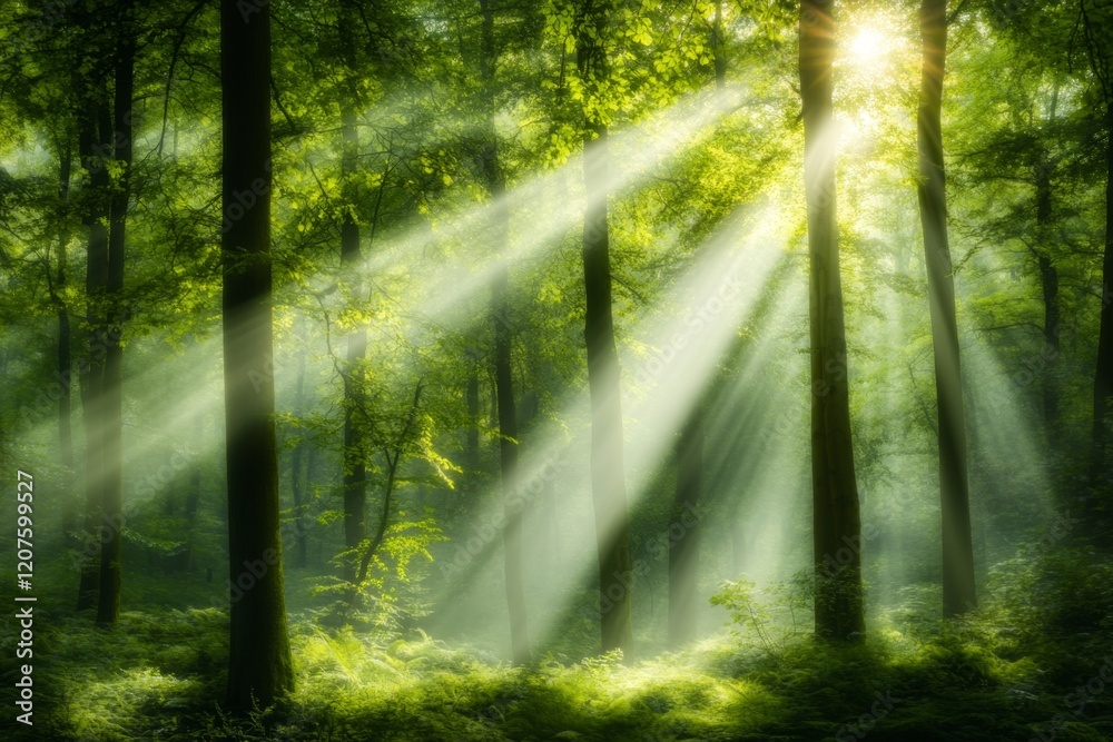 Obraz premium A 3D-rendered zip line scene, showing a detailed forest canopy with realistic lighting and shadows as a rider glides between tall trees