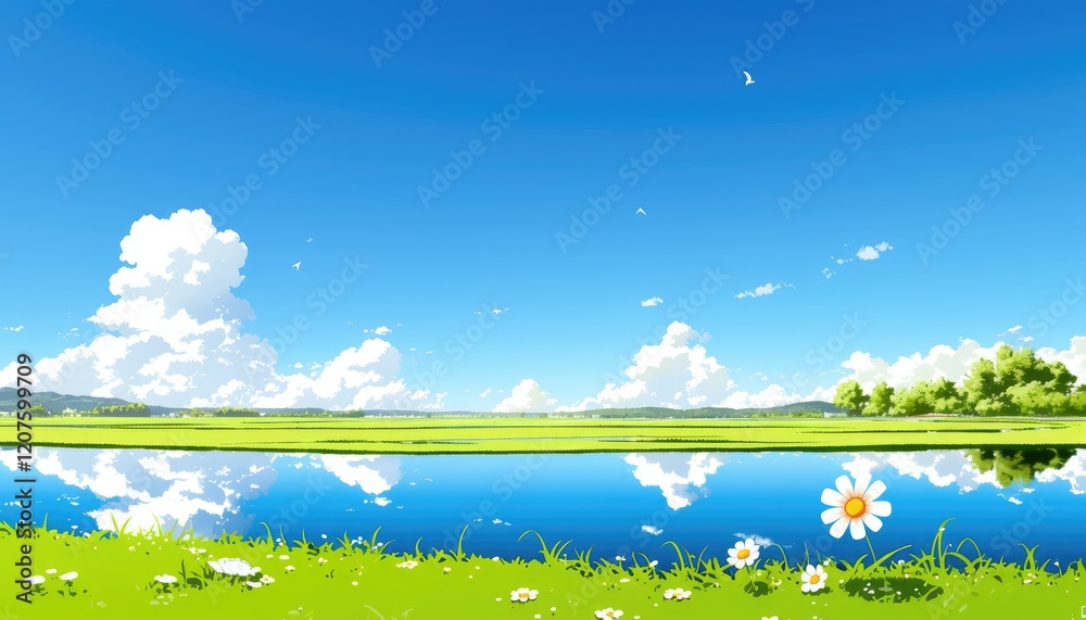Serene Summer Landscape with Reflective Water and Flowers Serene Summer Landscape with Reflective Water and Flowers