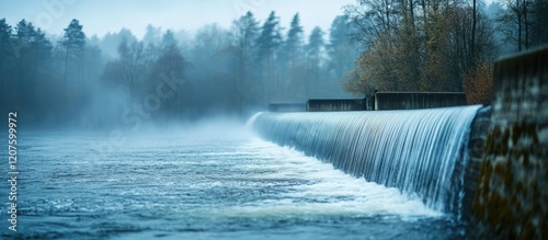 Misty River Dam: Serene Waterfall in Autumn