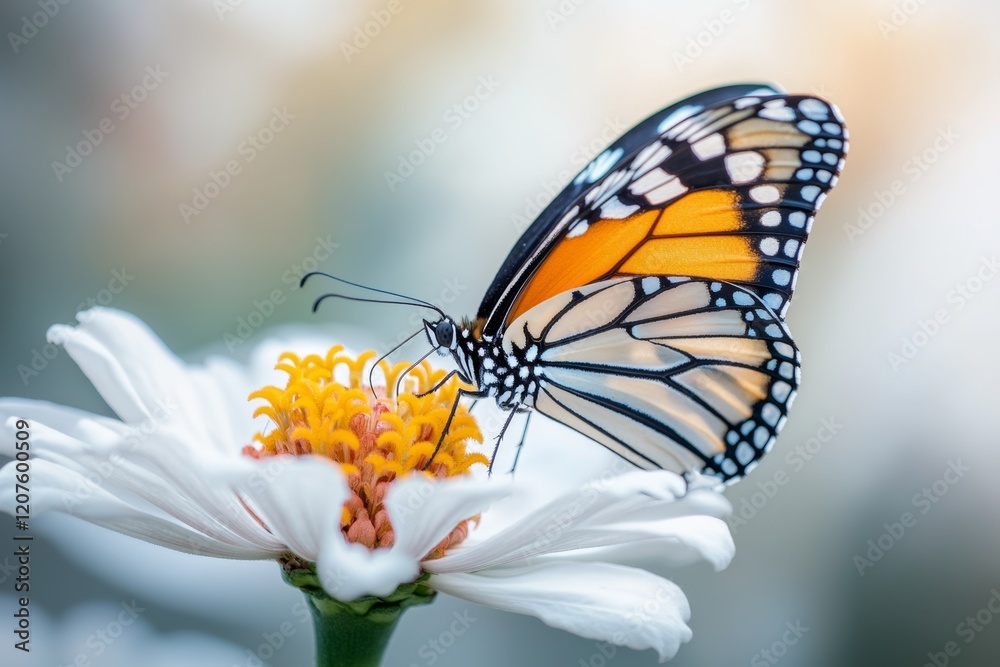 Fototapeta premium A butterfly perched on a white zinnia bloom, with its wings open and vibrant colors contrasting the soft flower
