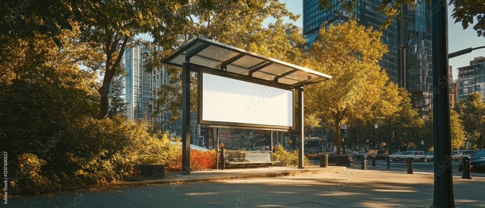Blank Billboard Ad at Urban Bus Stop in Autumn Blank Billboard Ad at Urban Bus Stop in Autumn