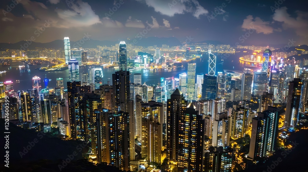 Stunning Nightscape of Hong Kong's Skyline Illuminated by City Lights Stunning Nightscape of Hong Kong's Skyline Illuminated by City Lights