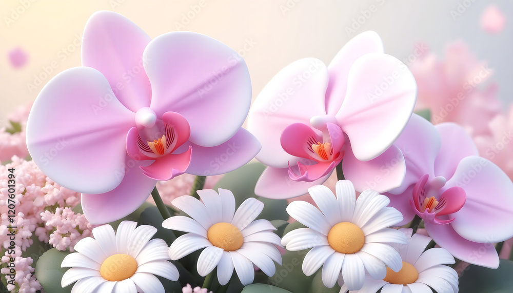 Obraz premium Elegant Pink Orchids and Daisies A Soft Dreamy Floral Arrangement