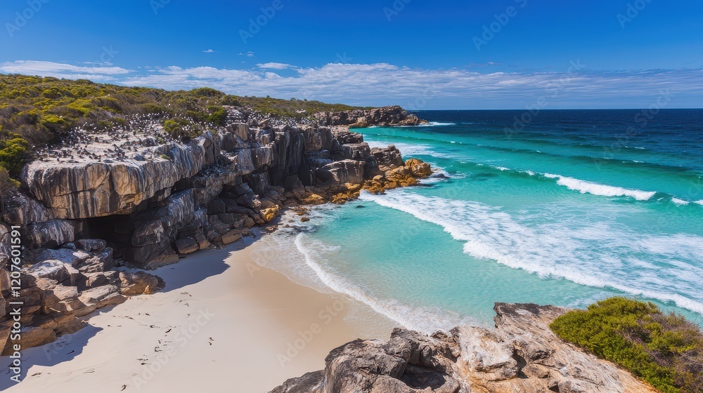 A stunning coastal scene featuring vibrant blue waters, sandy beach, and rugged cliffs under a clear sky. A stunning coastal scene featuring vibrant blue waters, sandy beach, and rugged cliffs under a clear sky.