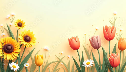 Sunflowers and Tulips A Pastel Springtime PaperCut Floral Scene
