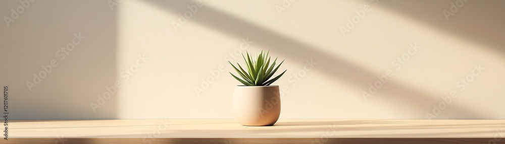 A small potted plant sits in a matte ceramic pot atop a light oak table. The calming atmosphere includes soft shadows and ample blank space, inviting tranquility and simplicity A small potted plant sits in a matte ceramic pot atop a light oak table. The calming atmosphere includes soft shadows and ample blank space, inviting tranquility and simplicity