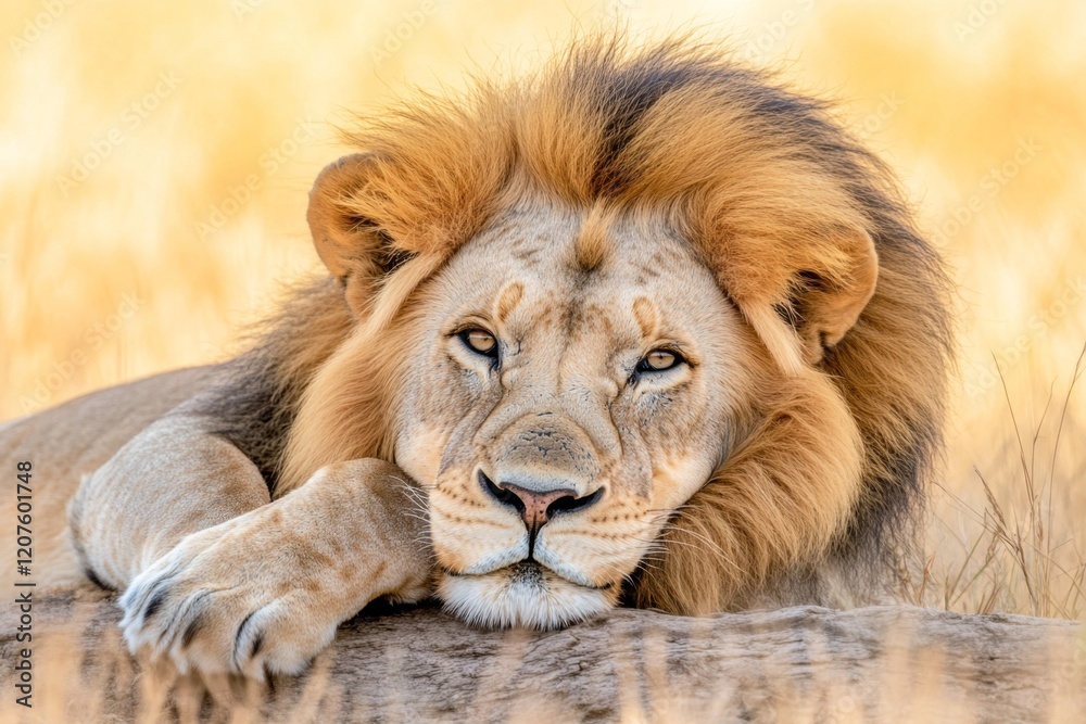Obraz premium A close-up of a lion resting in Hwange National Park, with golden savanna grass glowing in the background under warm sunlight
