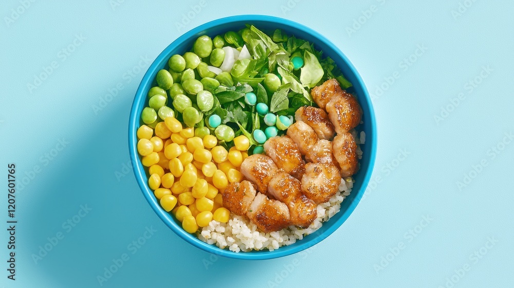A colorful bowl featuring rice, green edamame, yellow corn, fresh greens, and crispy chicken, set against a light blue background. A colorful bowl featuring rice, green edamame, yellow corn, fresh greens, and crispy chicken, set against a light blue background.