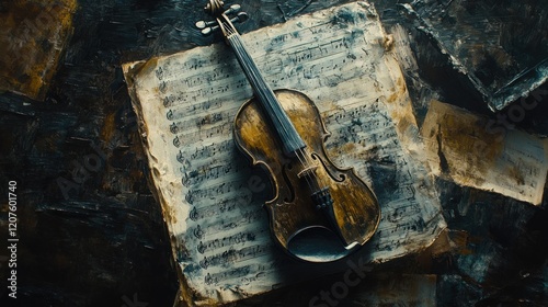 Antique violin rests on aged sheet music; dark background; musical history concept; website/blog
