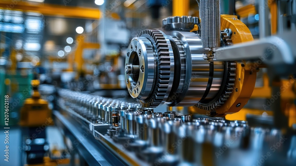 Fototapeta premium Industrial Machinery Close-up: Gears, Conveyor Belt, and Manufacturing Process