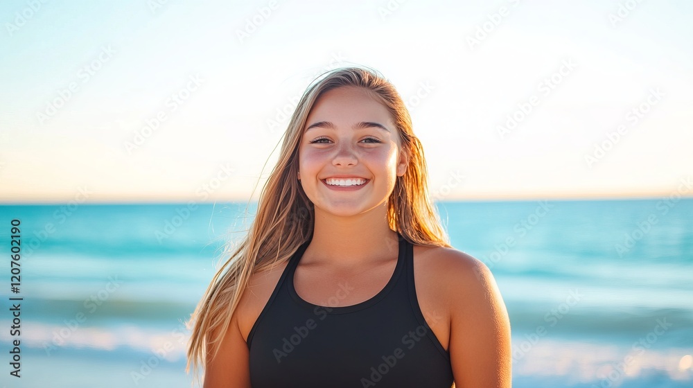 Radiant Beach Beauty: A Smiling Girl Embraces Summer Sunshine Radiant Beach Beauty: A Smiling Girl Embraces Summer Sunshine