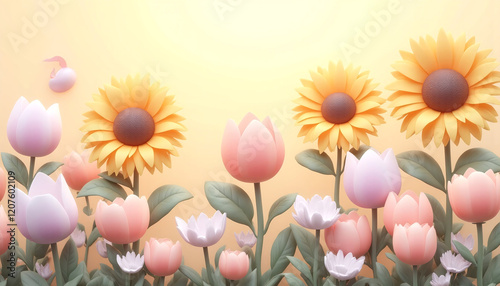 Sunflowers and Tulips A Pastel 3D Floral Garden