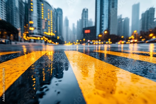 A close-up of the painted stripes on a zebra crossing, with rainwater reflecting the surrounding cityscape
