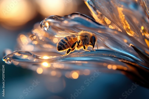 A stunning image of a honey bee resting on a translucent flower petal, illuminated by warm sunlight, capturing the intricate details of nature's beauty and elegance. photo