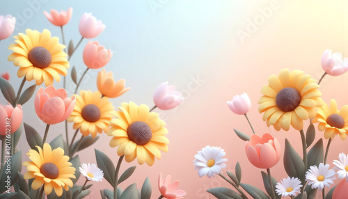 Pastel Sunflowers and Tulips A Soft Dreamy Floral Illustration