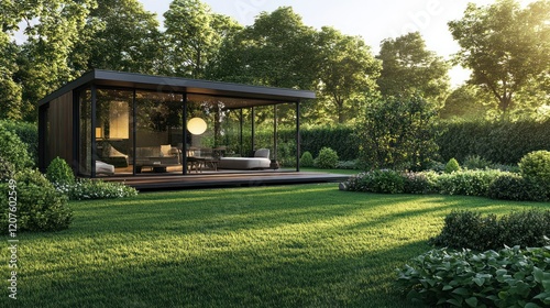 Modern Glass House in a Lush Green Garden