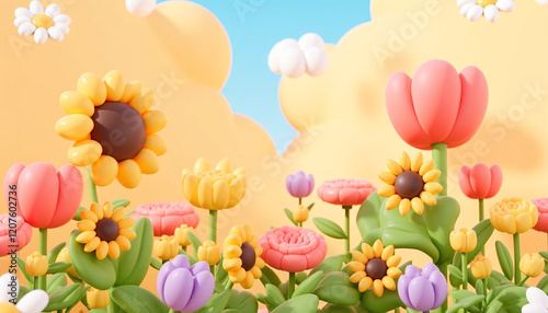 Cheerful 3D Render Sunflowers Tulips and Daisies in a Whimsical Garden