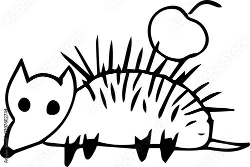 cute funny hedgehog with rare needles and an apple on his back