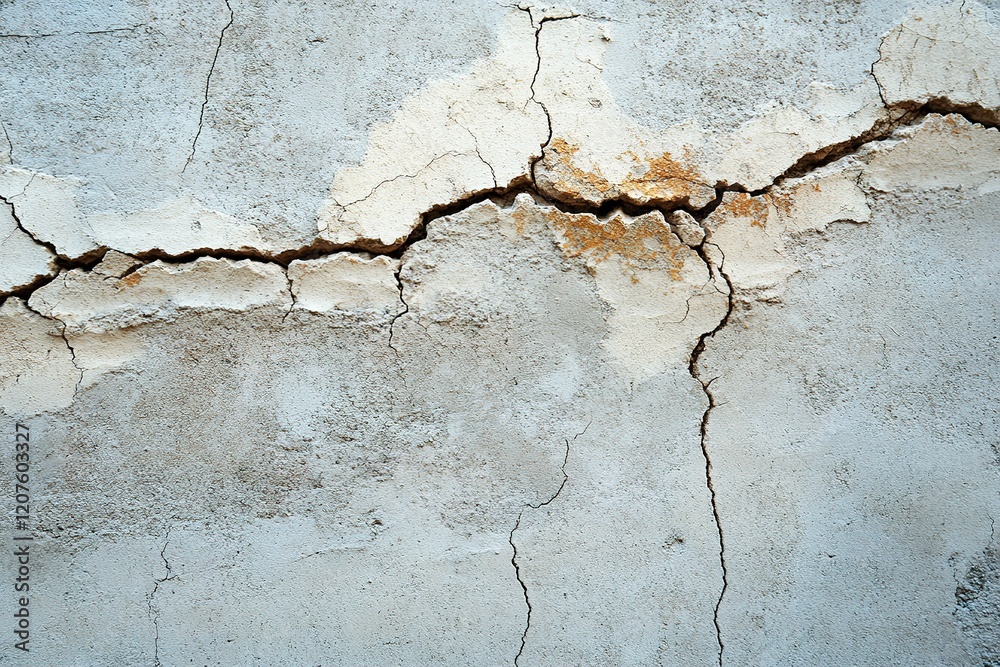 Obraz premium Rough concrete wall showcases deep cracks and textures, set against a light gray surface, creating a modern and gritty atmosphere ideal for text overlay
