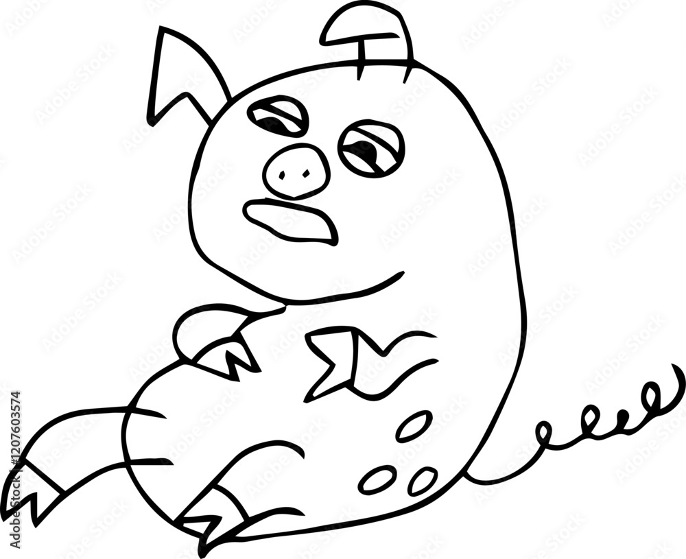 Obraz premium a tired little pig with closed eyes lies and holds its belly