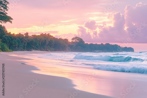 Serene Pink Sunset Beach Tropical Ocean Waves Paradise