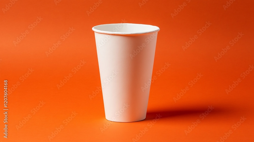 Blank White Paper Cup on Orange: A tall, blank white paper cup stands against a vibrant orange background, providing a clean and minimalist template for your design or branding. Blank White Paper Cup on Orange: A tall, blank white paper cup stands against a vibrant orange background, providing a clean and minimalist template for your design or branding.