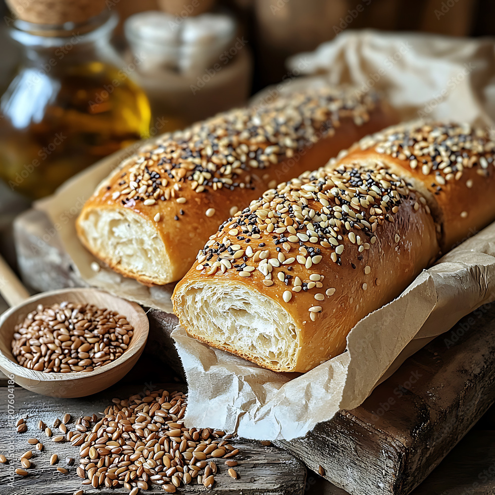 Freshly baked bread topped with sesame and flax seeds, resting on wooden board. warm, golden crust and soft interior create delightful contrast, perfect for any meal Freshly baked bread topped with sesame and flax seeds, resting on wooden board. warm, golden crust and soft interior create delightful contrast, perfect for any meal
