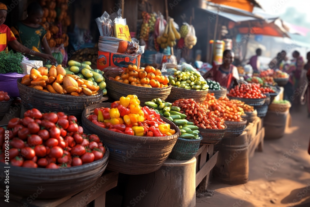 A digital illustration of a bustling Zambian market with vibrant colors, showcasing stalls of fruits, spices, and traditional crafts