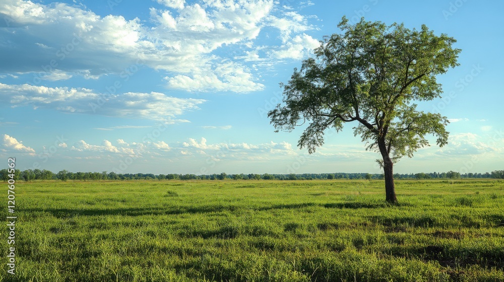 Fototapeta premium Climate change requires strong environmental policies to ensure sustainability. Lush green landscape with a solitary tree under a bright blue sky.