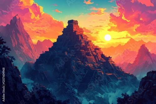 Ancient Temple on a Mountain Peak at Sunset