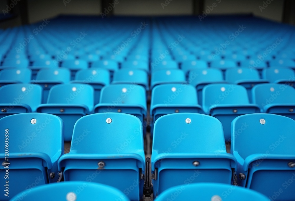 Naklejka premium Blue tribunes. seats of tribune on sport stadium. empty outdoor arena. concept of fans. chairs for audience. cultural environment concept. color and symmetry. empty seats. modern stadium