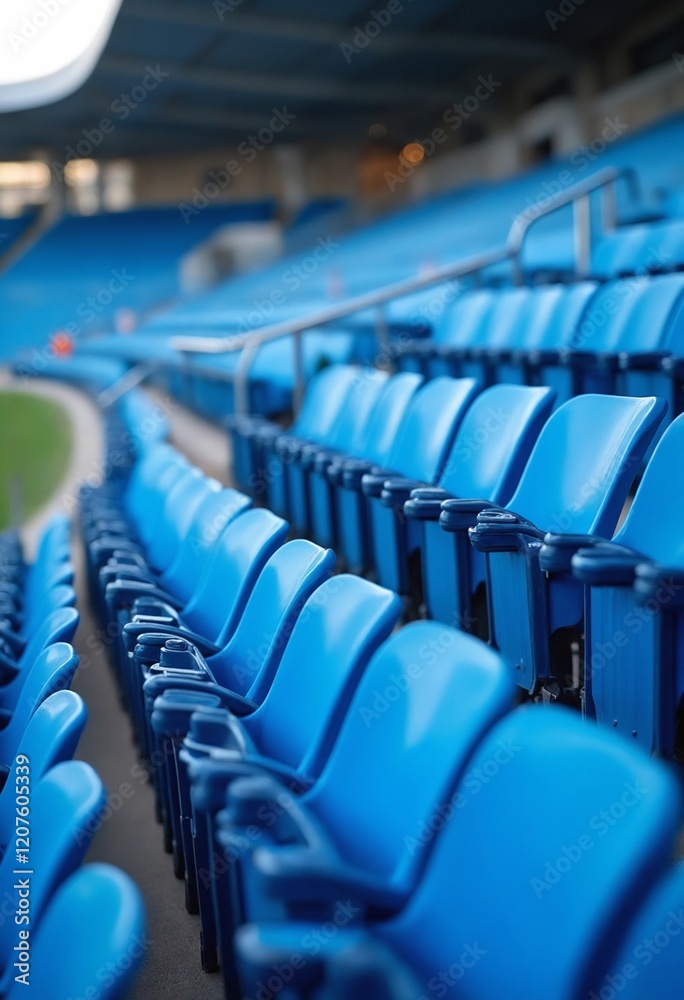 Obraz premium Blue tribunes. seats of tribune on sport stadium. empty outdoor arena. concept of fans. chairs for audience. cultural environment concept. color and symmetry. empty seats. modern stadium