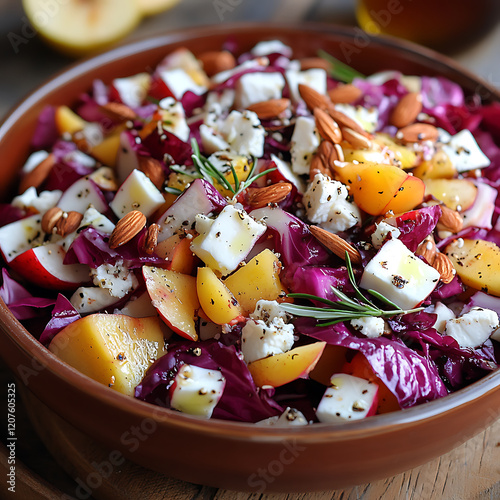 Fresh radicchio salad with apples, cheese, and almonds, garnished with herbs. colorful and healthy dish perfect for any meal. Enjoy vibrant flavors and textures photo