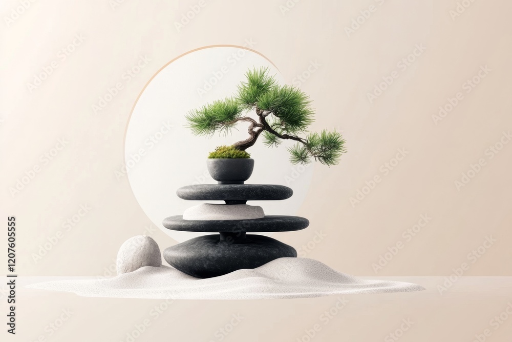 A flat geometric depiction of a Zen garden with raked sand patterns and a small bonsai tree A flat geometric depiction of a Zen garden with raked sand patterns and a small bonsai tree