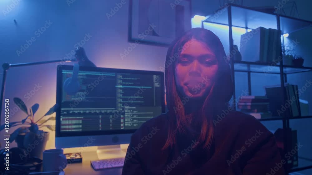 Young female cybercriminal dressed in black hoodie hacking computer network, then turning to camera exhaling vapour through mouth late at night