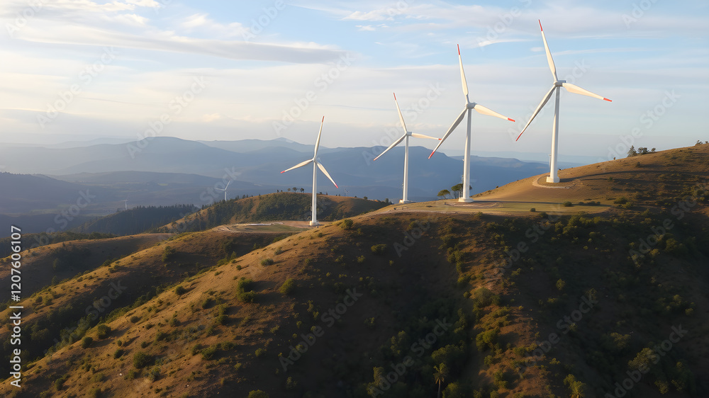 Obraz premium Green energy concept, eco power. Wind turbine located along the hill with the wind blowing all the time. Can produce renewable energy as well. Considered a clean energy.