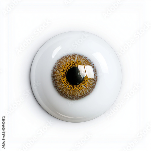 Künstliche Auge-Prothese von oben, weißer Schale, goldbraune Iris, detailliert, schwarze Pupille, klar, klinisch, medizinisch, technisch, kühle Beleuchtung photo