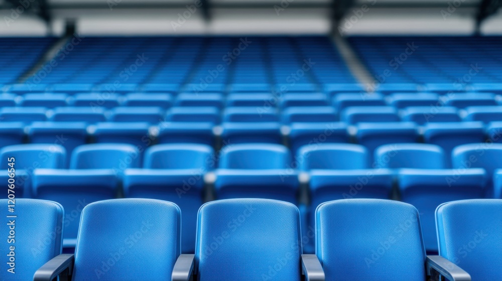 Fototapeta premium Rows of Empty Blue Seats in a Stadium Interior with Soft Focus Background and Bright Lighting