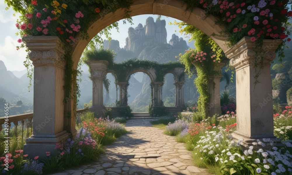 Fototapeta premium Archways adorned with flowers and creepers, blending into the surroundings , India, creepers, arches